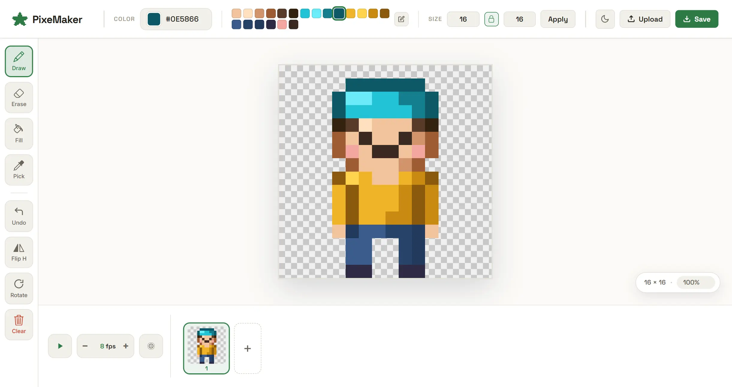 The PixeMaker editor with a pixel-art character on the canvas, drawing tools on the left and a color palette up top.